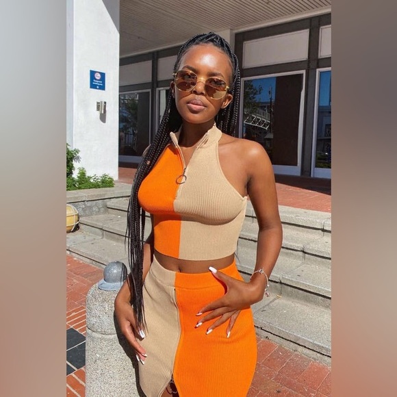Fashion Nova Dresses & Skirts - FashionNova Vibrant Orange & Tan Skirt Set 🍊